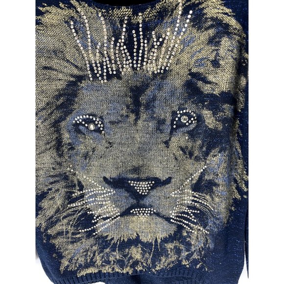 Celyn Blue sweater with Gold Lion Face and Rhinestones Size S - Picture 2 of 5